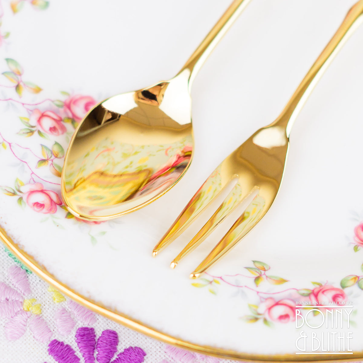 Gold Plated Autumn Leaves Teaspoon and Cake Fork