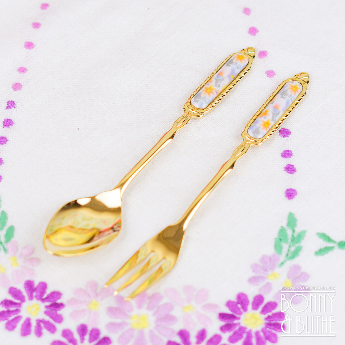 Gold Plated Autumn Leaves Teaspoon and Cake Fork