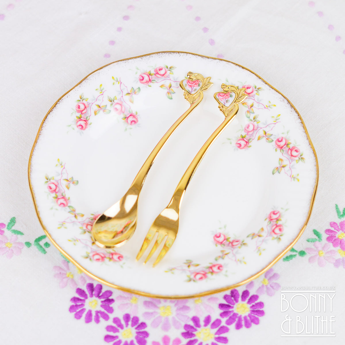 Gold Plated Heart Rose Teaspoon and Cake Fork