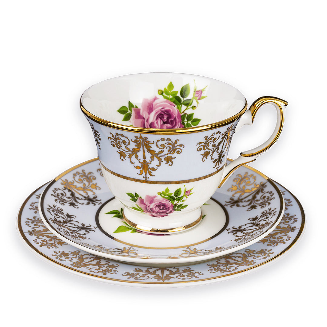 Princess Vintage Style Bone China Teacup Set Blue | Pink Cabbage Rose