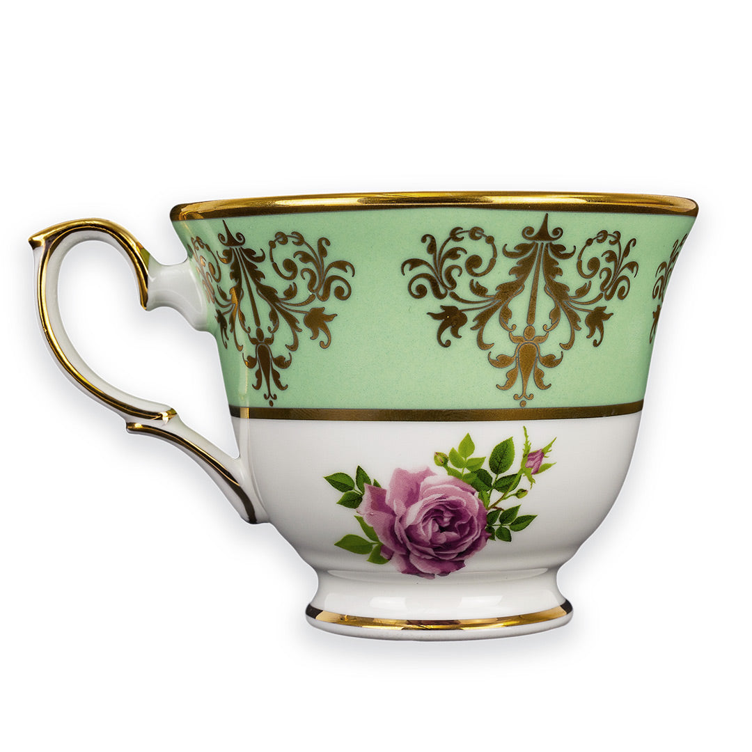 Princess Vintage Style Bone China Teacup Set Green | Pink Cabbage Rose