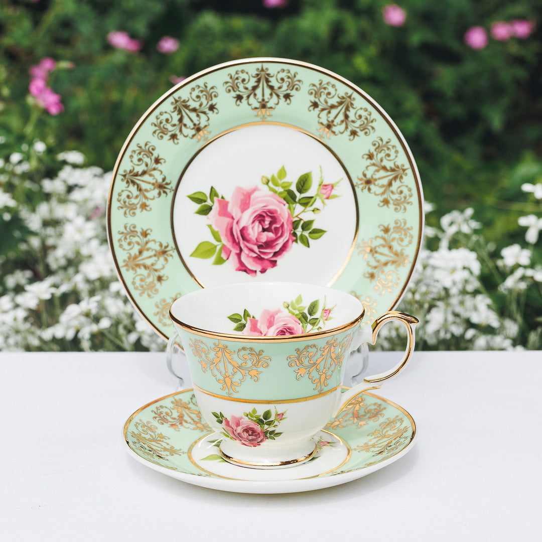 Princess Vintage Style Bone China Teacup Set Green | Pink Cabbage Rose