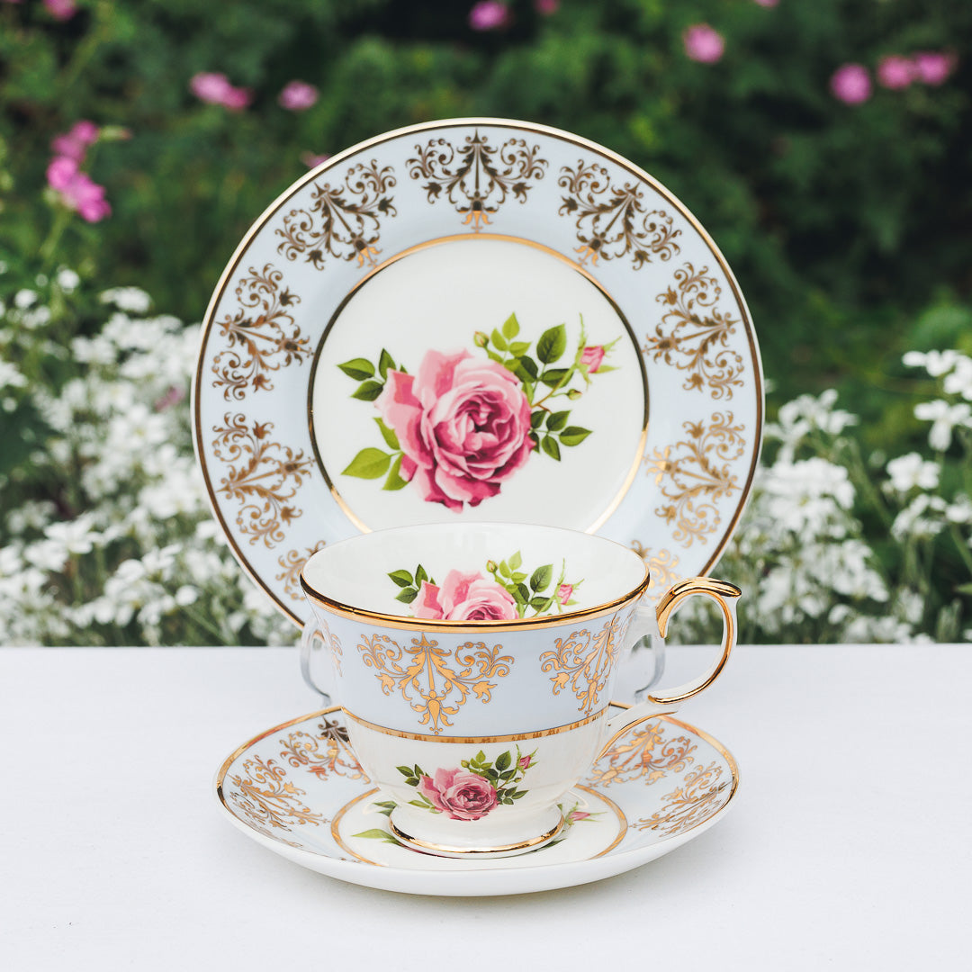 Princess Vintage Style Bone China Teacup Set Blue | Pink Cabbage Rose