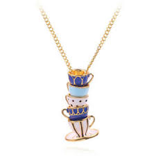 Blue &amp; White Enamel Gold Stacked Teacup Necklace