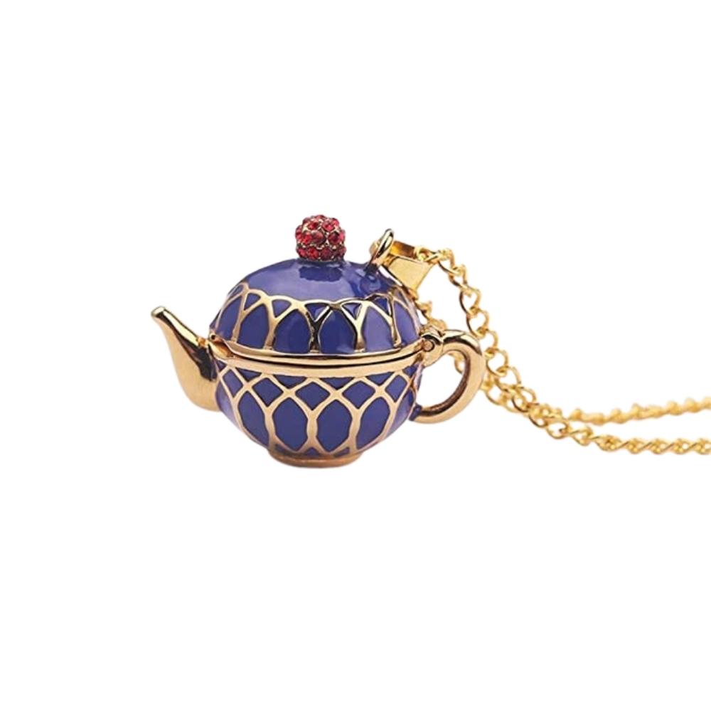 Blue Enamel Gold Teapot Pendant Necklace