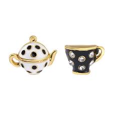 Black &amp; White Enamel Gold Teapot &amp; Teacup Earrings