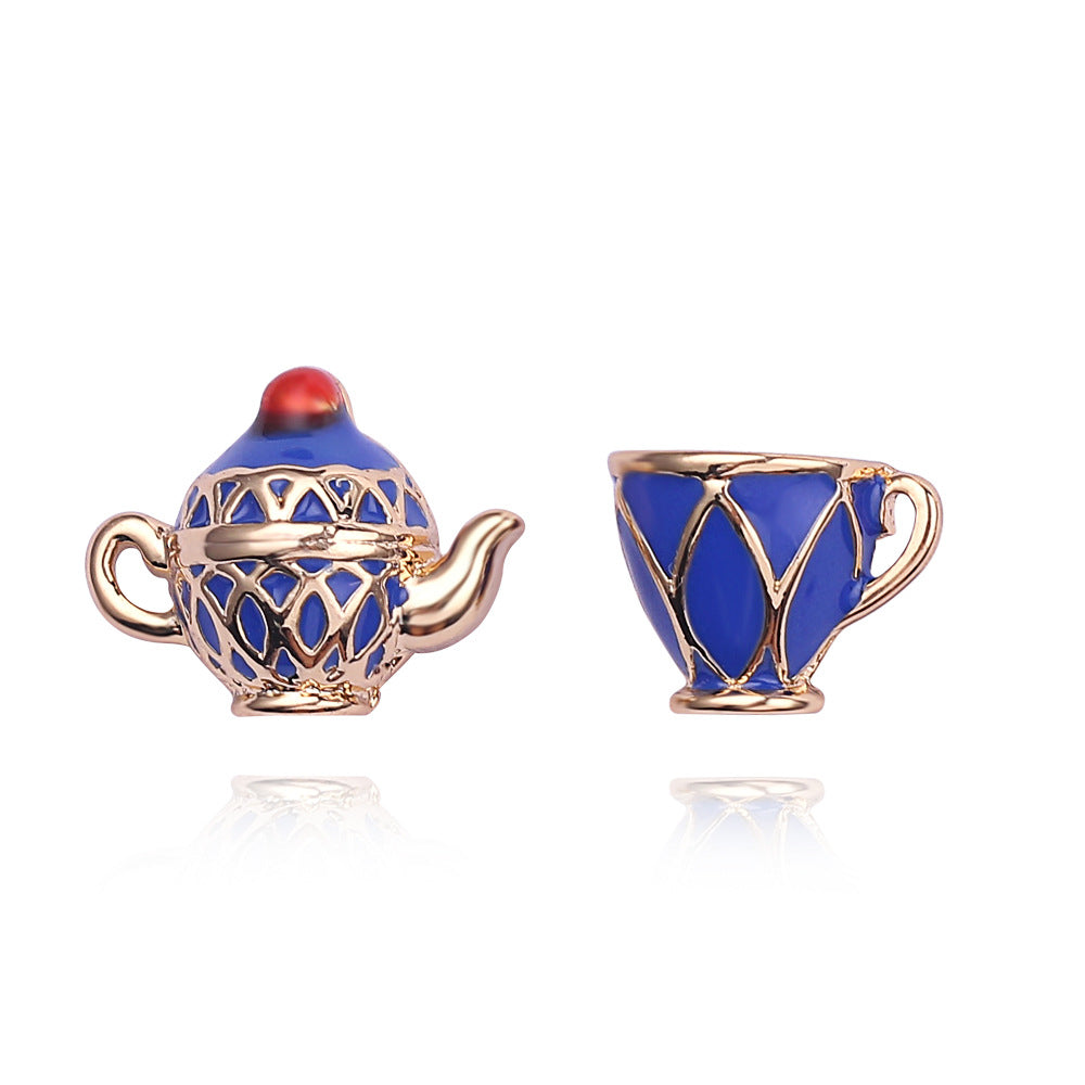 Blue Enamel Gold Teapot &amp; Teacup Earrings
