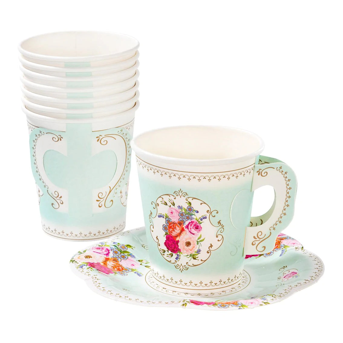 Mint Green Floral Paper Teacup &amp; Saucer set - 12 pack