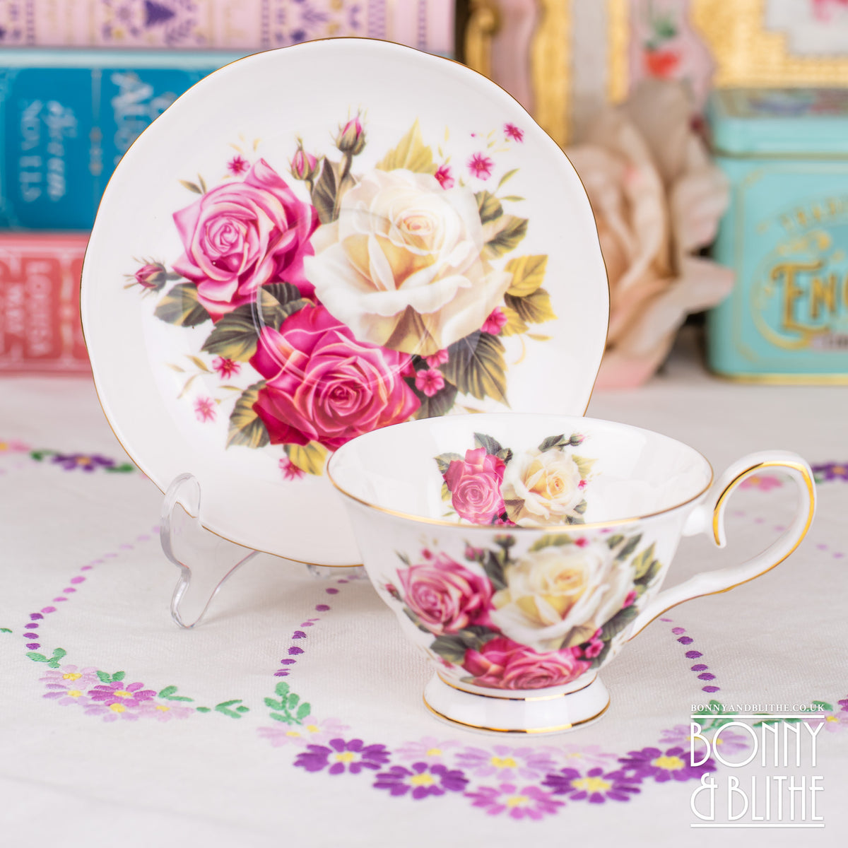 Cabbage Roses Vintage Style Teacup and Saucer